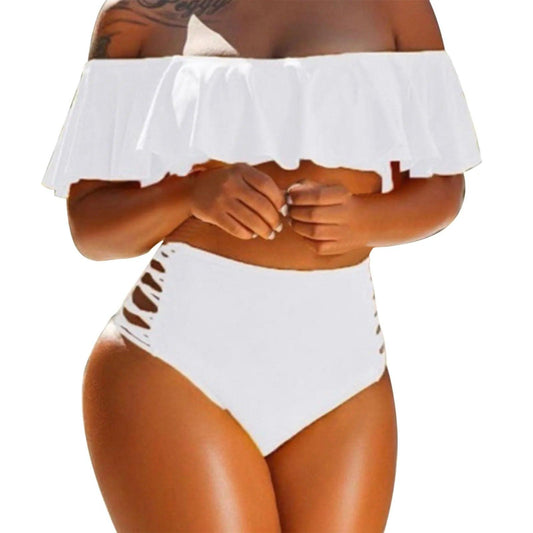 Off Shoulder, High Waist, With Ruffled Edge, 2 Piece Bikini Sets - Just The Fly Way