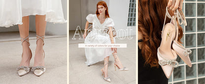 Women's Rhinestone Bow Heels Ankle Strap Pointed Toe Stiletto Heeled Sandals Wedding Bridal Dress Pumps Shoes - Just The Fly Way