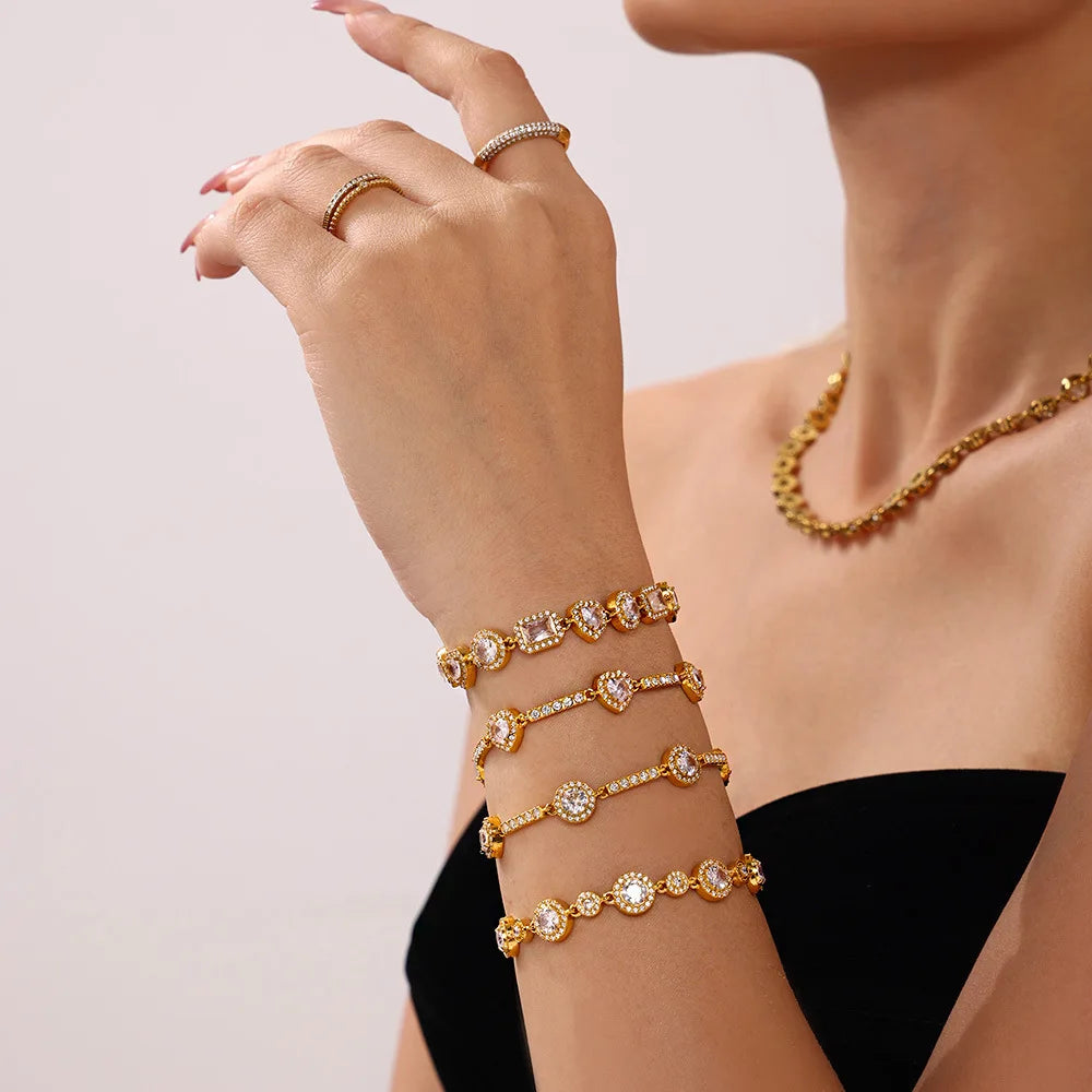Shimmering Gold Plated Tennis Bracelet for Women - Vintage Charm Bangle with Zircon, Heart & Square Designs - Just The Fly Way