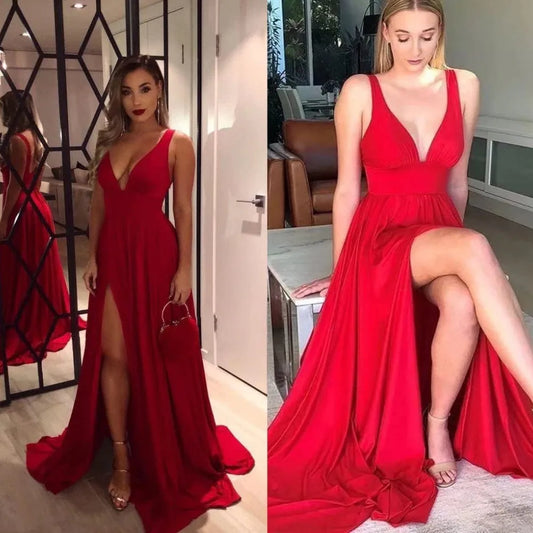 Elegant A-Line Split V-Neck Women's Party Formal Dress Sleeveless Floor Length Birthday Gown