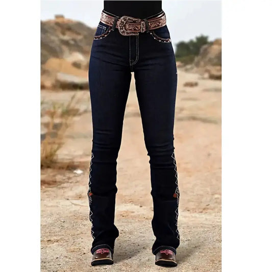 High-Rise Stretch Flare Denim Rhinestone Embroidery Jeans for Casual or Dressy Occasions - Just The Fly Way