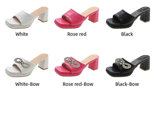 Women's Slide Shoes With Chunky Heels And Peep Toe Design - Just The Fly Way