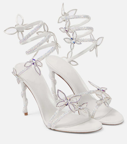 Fashionable, Bold and Beautiful DressLuxury Crystal Embellished Butterfly Detail Women Sandals Sexy Coiled Strap Thin High heels Gladiator sandals Summer Party Shoes