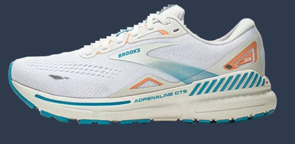 White running shoe with blue and orange accents on a white background