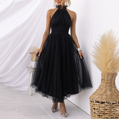 Sexy Halter Holiday Party Dress Women Off Shoulder Mesh Backless Pleated Dress White Vestidos Formal Wedding Gown Long Dress - Just The Fly Way