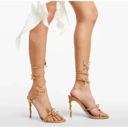Fashionable, Bold and Beautiful DressLuxury Crystal Embellished Butterfly Detail Women Sandals Sexy Coiled Strap Thin High heels Gladiator sandals Summer Party Shoes