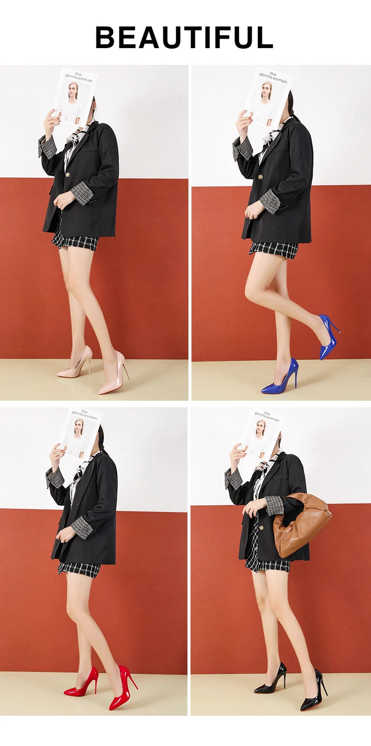 Fashionable, Bold and Beautiful DressTemperament 12cm Super High Thin Heels Shoes Women Pumps Pointed Toe Colorful Patent Leather Stiletto Wedding Shoe Size 45