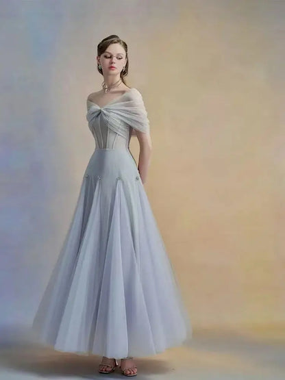 BOMP Elegant Blue Wedding Party Dress Off Shoulder Corset Draped A-Line Floor Length Tulle Special Occasion Evening Gown Custom