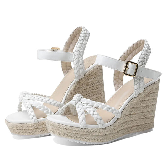 Fashionable, Bold and Beautiful DressGIGIFOX Straw Woven High Wedges Heel Waterproof Platform Women High-heeled Sandals Round Toe ThicK Buckle Strap Bohemia Shoes - Just The Fly Way