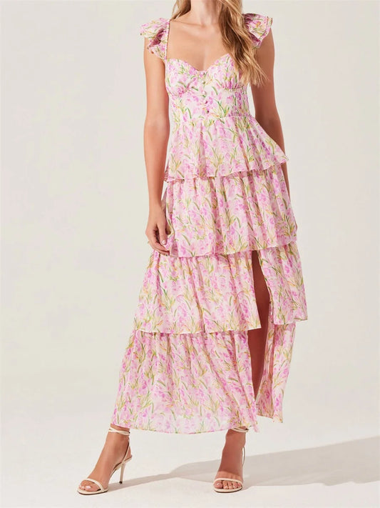 Elegant Off-Shoulder Maxi Dress with Delicate Floral Print and Flowy Ruffled Layers Perfect for Spring and Summer Events - Just The Fly Way