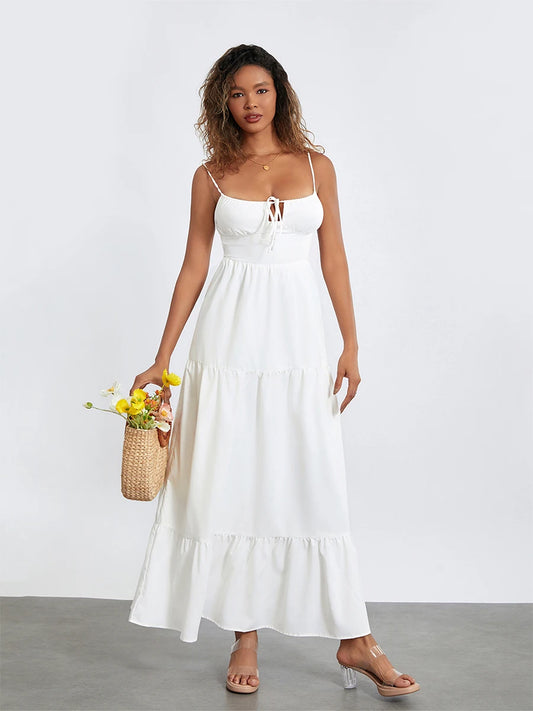 Women s Elegant Floral Print Maxi Dress with V-Neckline and Adjustable Spaghetti Straps for Summer Beach Vacation - Just The Fly Way