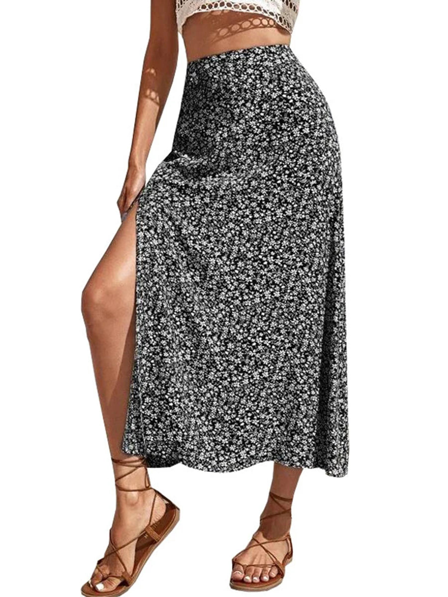 Women s Floral Print Midi Skirts Mid Waist Side Slit Skirts Spring Summer Fashion Casual A-line Skirts - Just The Fly Way
