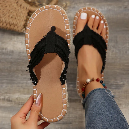 Summer New Style Flip-flops for Women Fashionable Flat-soled Grass Woven Thong Beach Shoes Large Size Sandals For Outer Wear - Just The Fly Way