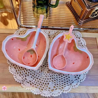 Cute Strawberry Ceramic Anti-scald Bowls and Spoon - Just The Fly Way