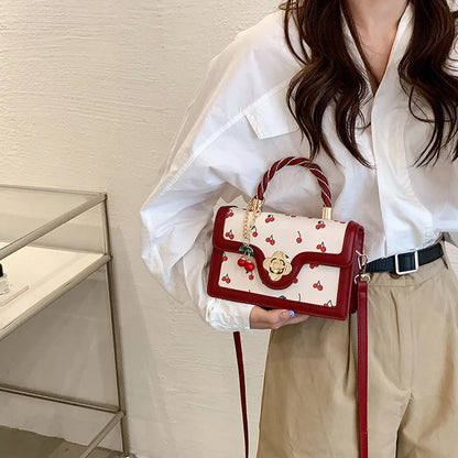 Fashionable, Bold and Beautiful DressWomen Cherry Square Chain Bag PU Leather Sweet Cherry Crossbody Bag Adjustable Strap Cherry Pattern Sling Bag Ladies Outdoor Bag