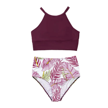 Fashionable, Bold and Beautiful DressWomen'S Tropical Printed Sexy Split Swimsuit Sports Tight Fitting High Waist Bikini Set High Elastic Swimwear Women'S Swimsuit