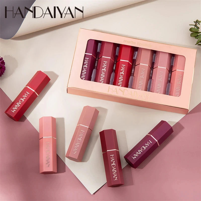 Fashionable, Bold and Beautiful DressHANDAIYAN 6Pcs/Box Velvet Matte Lipstick Kit Lips Makeup Nude Lip Stick Make Up Cosmetics Foggy Matt Tint Lip Balm Cream Pigment