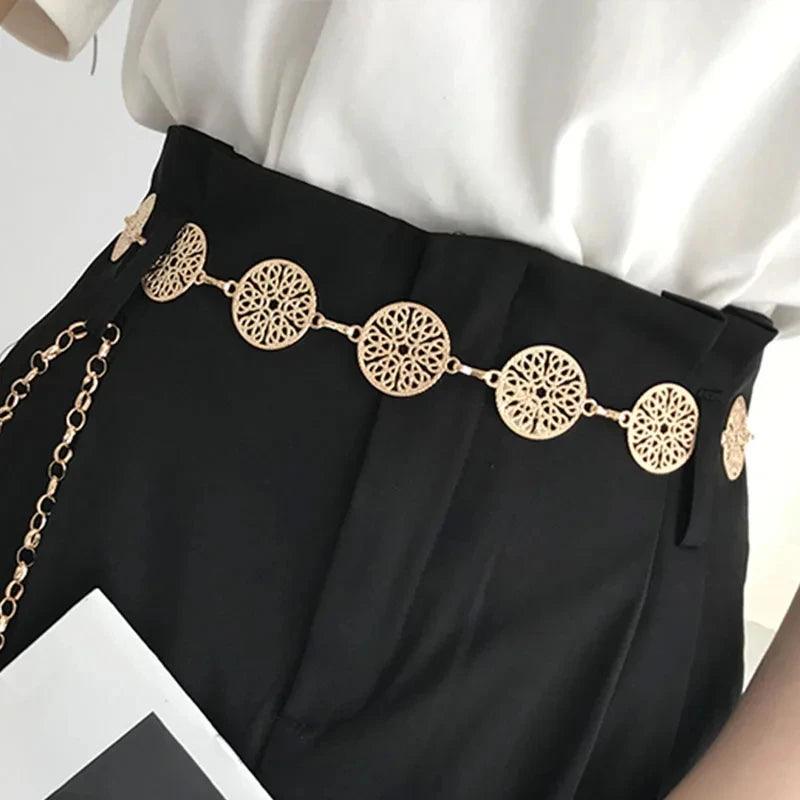 Elegant Retro Round Metal Belt, Gold or Silver Hollow Out Chain Belt Accessories - Just The Fly Way