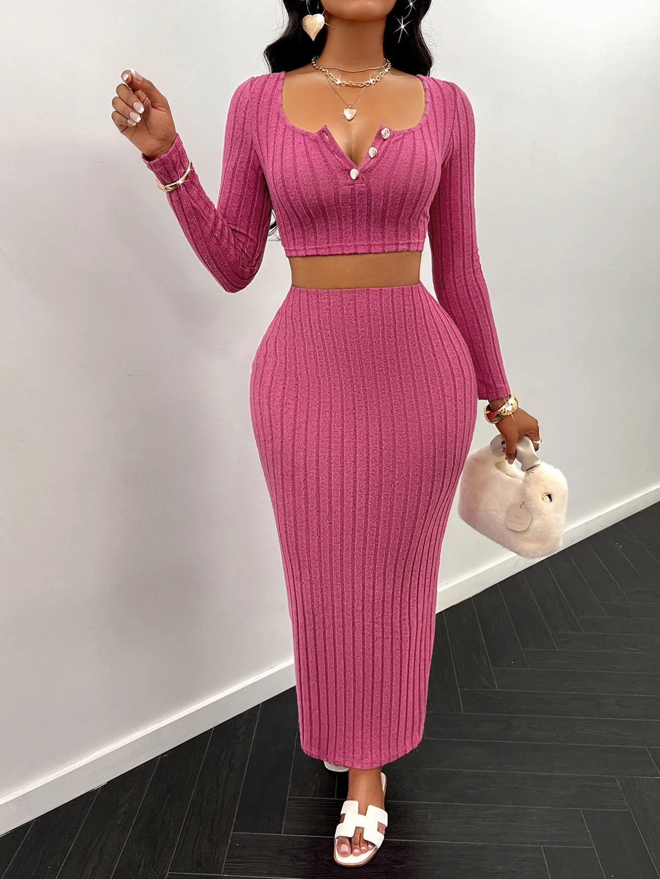 Two Piece Sets Women Skirt Set Full Sleeve Dress Sets Sexy U Neck Bodycon Short Tops Long Skirts Elegant Splice High Waist
