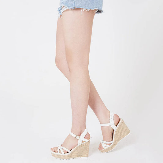 GIGIFOX Straw Woven High Wedges Heel Waterproof Platform Women High-heeled Sandals Round Toe ThicK Buckle Strap Bohemia Shoes - Just The Fly Way
