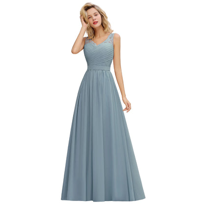 BABYONLINE Elegant Bridesmaid Dress Pleated Bodice See-through Lace Cap Sleeves Maxi Flowy A-Line Skirt Wedding Party Gown Women