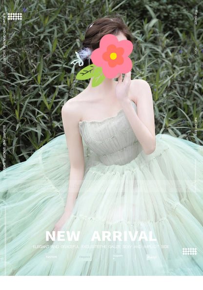Green Tube Top Mori Style Evening Dress Female Classy Light Luxury Minority Host Birthday Adult Ceremony Princess Dress Light Wedding Dress