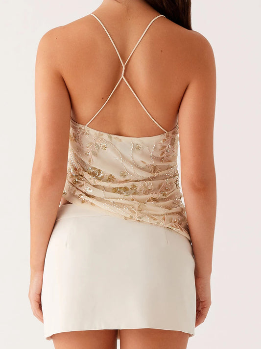 Women s Sparkling Sequin Floral Tank Top with Draped Cowl Neck Thin Spaghetti Straps and Sexy Open Back Design for Chic - Just The Fly Way