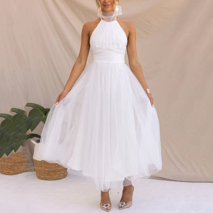 Sexy Halter Holiday Party Dress Women Off Shoulder Mesh Backless Pleated Dress White Vestidos Formal Wedding Gown Long Dress - Just The Fly Way