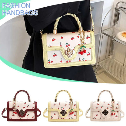 Fashionable, Bold and Beautiful DressWomen Cherry Square Chain Bag PU Leather Sweet Cherry Crossbody Bag Adjustable Strap Cherry Pattern Sling Bag Ladies Outdoor Bag