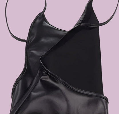 Faux Leather, Backless, Mini Dress With Push-up Bra, Solid Black - Just The Fly Way