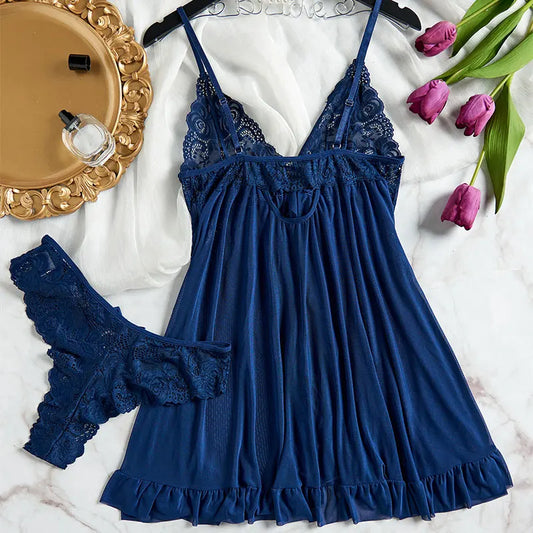 Tulle Suspenders Exquisite Women's Lencerias Lace V-Neck Underwear Semi-transparent Thong Dress Set Females Lingerie Nightgowns