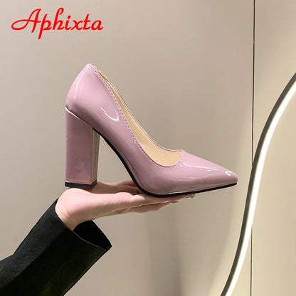 Women's Patent Leather 10cm Square Heel Shoes by Aphixta - Extended Sizes 31-50