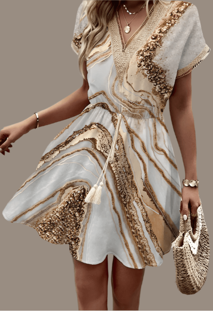 Spring/Summer Print with Bat Sleeves, Lace V-Neck, Waist Waist Large Hem, Mid Length Dress - Just The Fly Way
