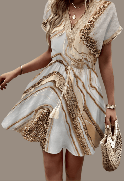 Spring/Summer Print with Bat Sleeves, Lace V-Neck, Waist Waist Large Hem, Mid Length Dress - Just The Fly Way