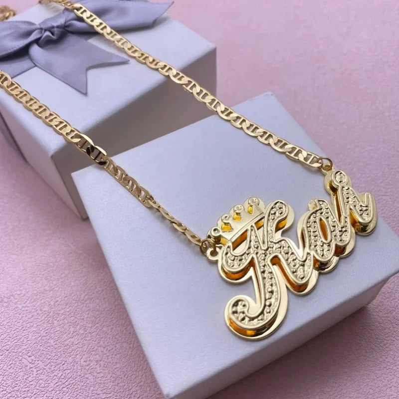 Fashionable, Bold and Beautiful DressCustom 3D Name Necklace with Crown Personalized Double Layer Pendant Flat Chain Stainless Steel Jewelry For Women - Just The Fly Way