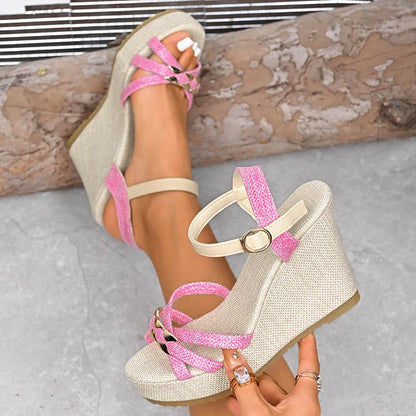 Women's Chunky Platform Wedge Sandals Non Slip Ankle Strap with Metal Cross on Band