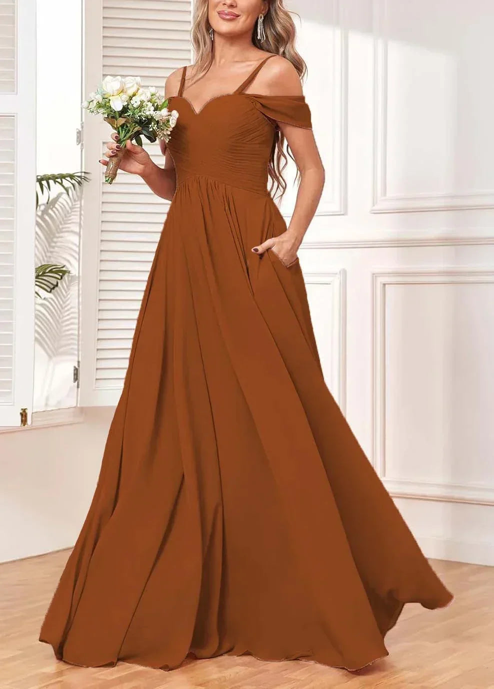 Off The Shoulder, Formal Chiffon Pleated Formal Long Length Evening Gown Customizable - Just The Fly Way