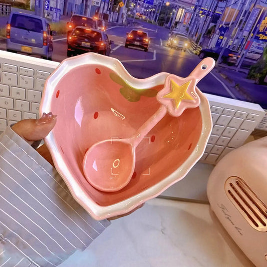Cute Strawberry Ceramic Anti-scald Bowls and Spoon - Just The Fly Way