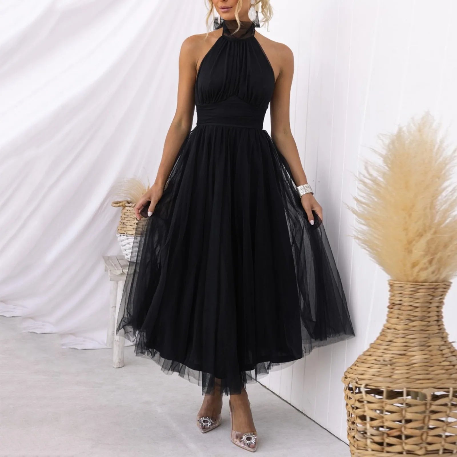 Sexy Halter Holiday Party Dress Women Off Shoulder Mesh Backless Pleated Dress White Vestidos Formal Wedding Gown Long Dress - Just The Fly Way