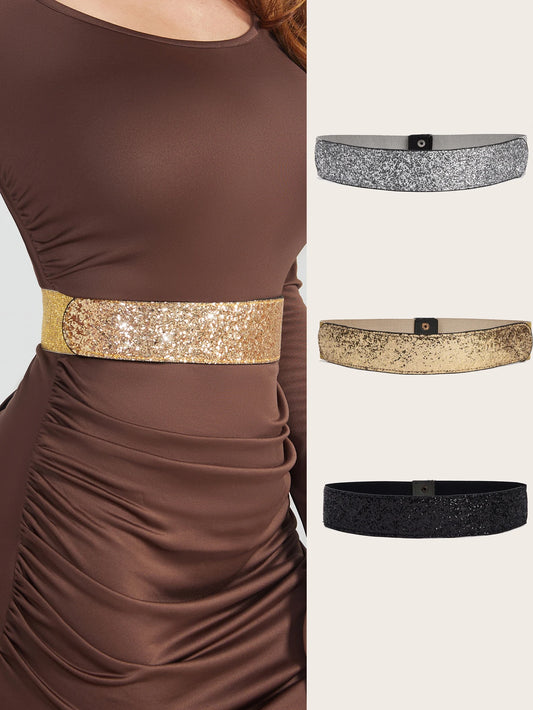 Wide Sparkle Rhinestone Elastic Dress Belt, Stretchy Shiny Party Belt
