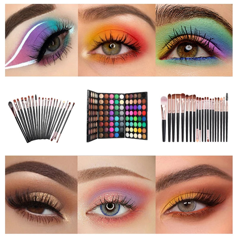 Makeup set with eyeshadows, brushes, and eye makeup samples.
