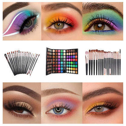 Makeup set with eyeshadows, brushes, and eye makeup samples.