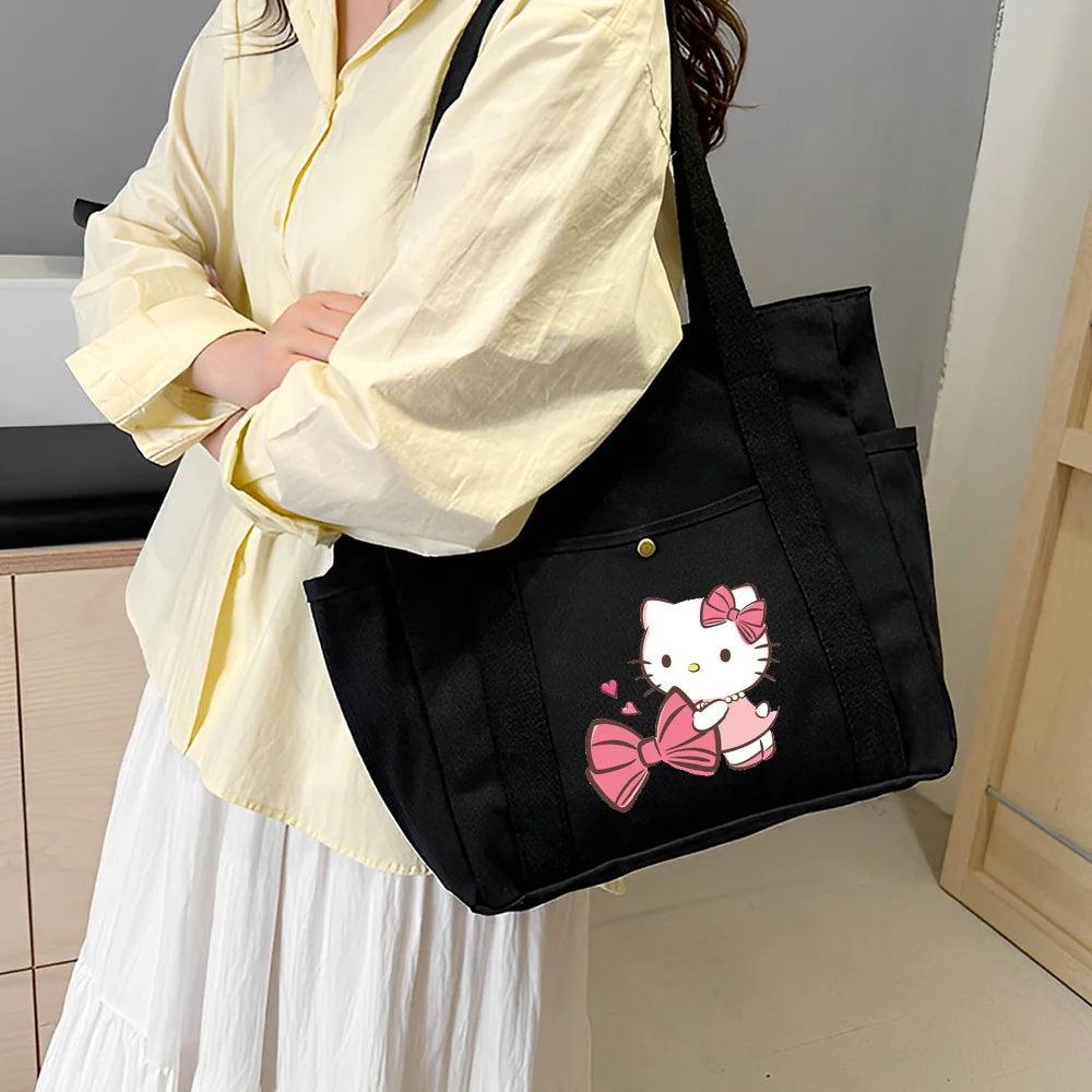Hello Kitty Large Capacity Canvas Tote Available in Black, Beige, or Mustard, With A Variety Of Style Options - Just The Fly Way