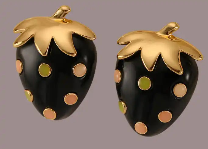 Retro Style Black and Gold Strawberry Earrings with High Quality Copper Stud - Just The Fly Way