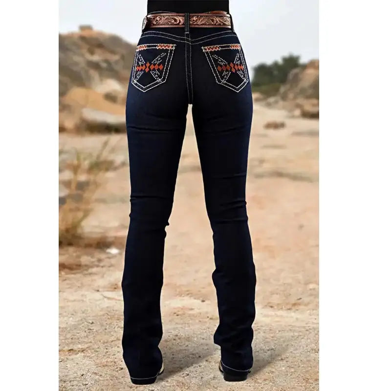 High-Rise Stretch Flare Denim Rhinestone Embroidery Jeans for Casual or Dressy Occasions - Just The Fly Way