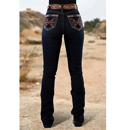 High-Rise Stretch Flare Denim Rhinestone Embroidery Jeans for Casual or Dressy Occasions - Just The Fly Way