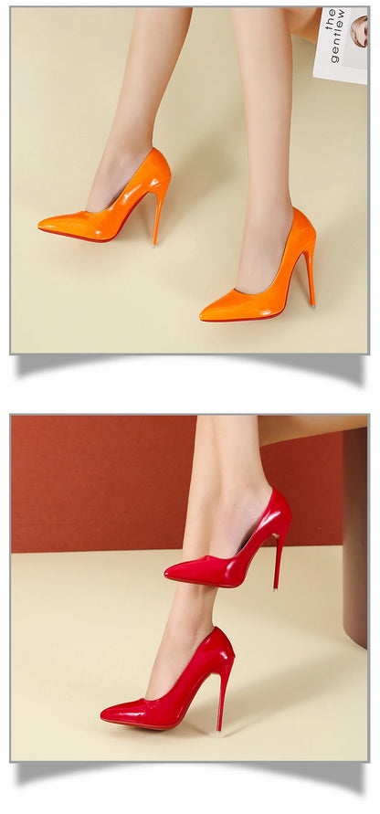 Fashionable, Bold and Beautiful DressTemperament 12cm Super High Thin Heels Shoes Women Pumps Pointed Toe Colorful Patent Leather Stiletto Wedding Shoe Size 45