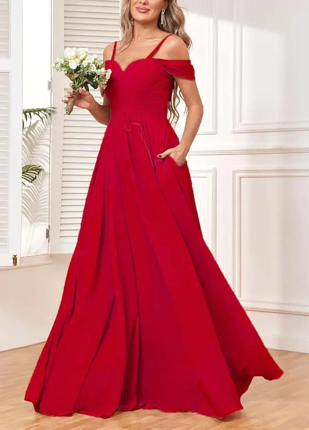 Off The Shoulder, Formal Chiffon Pleated Formal Long Length Evening Gown Customizable - Just The Fly Way