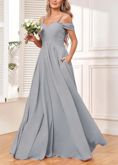 Off The Shoulder, Formal Chiffon Pleated Formal Long Length Evening Gown Customizable - Just The Fly Way