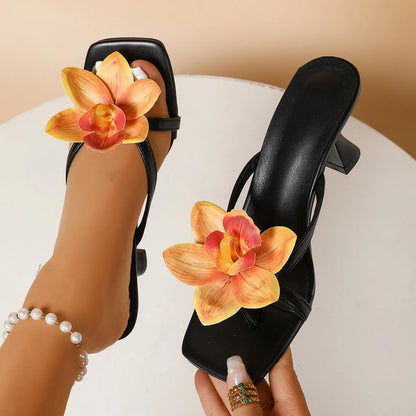 Fashionable, Bold and Beautiful DressWomen's High Heel Sandals with Flower Decorations Sassy Funny Slip-On Shoes PU Upper Thin Heel C Fashion Footwear